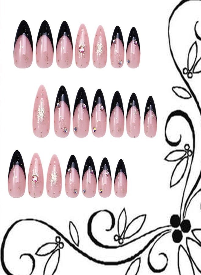 TBRZTR Black French Tip Press on Nails Medium Gold Glitter Rhinestones Design Almond Tip Press Ons False Nail Full Cover Artificial Nails Reusable Handmade Glue on Nails for Women 24Pcs - Image 3